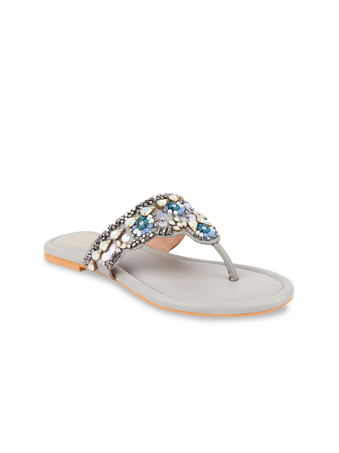

KALTHEOS Women Grey & Blue Embellished T-Strap Flats