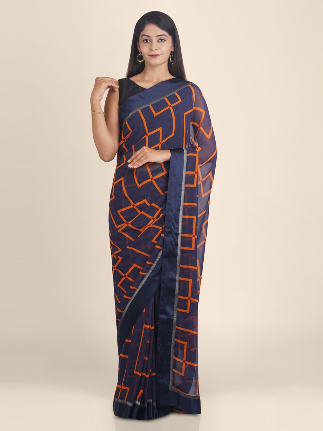 

KAJREE Navy Blue & Orange Poly Georgette Printed Block Print Handloom Saree