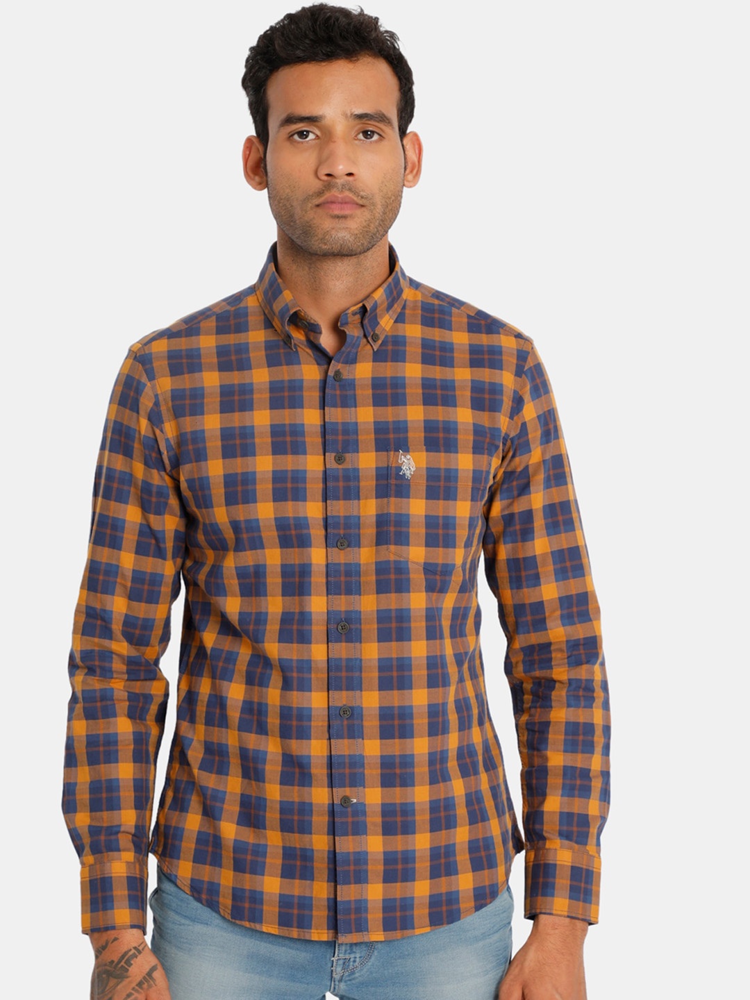 U.S. Polo Assn. Men Yellow Regular Fit Checked Cotton Casual Shirt