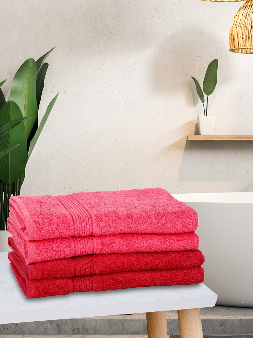 KOPA Pink & Red Set Of 4 Solid Super Absorbent 380 GSM Cotton Bath Towels