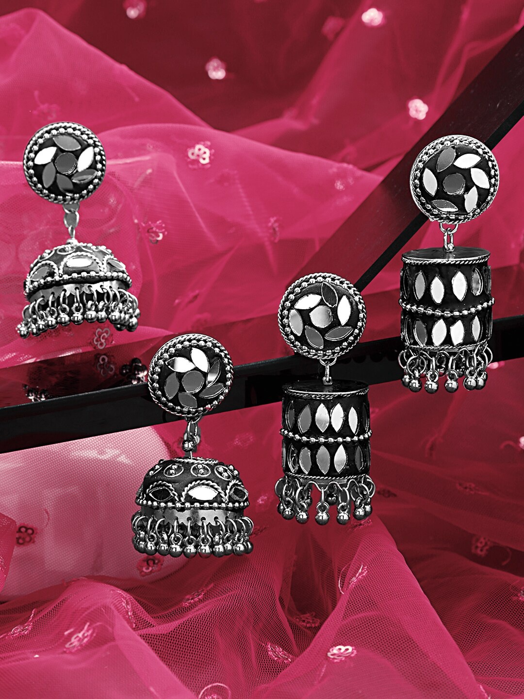 

Yellow Chimes Set of 2 Silver Plated Oxidised Dome Shaped Jhumkas