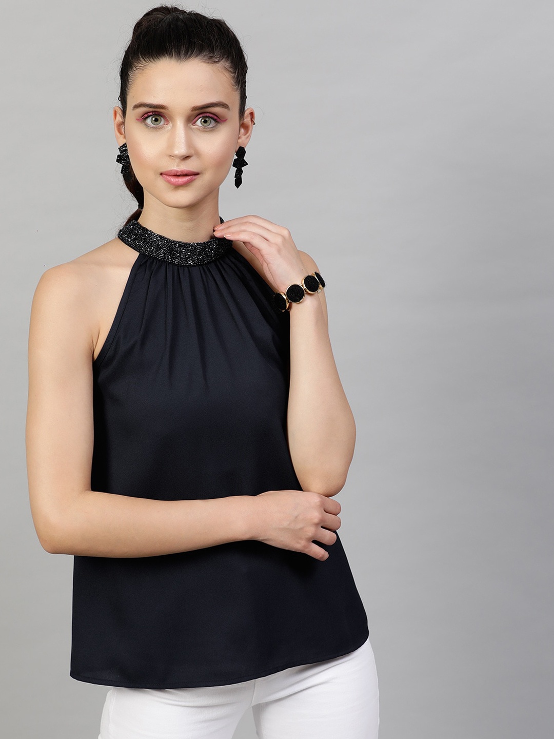 

Street 9 Navy Blue Embellished Halter Neck Georgette Regular Top