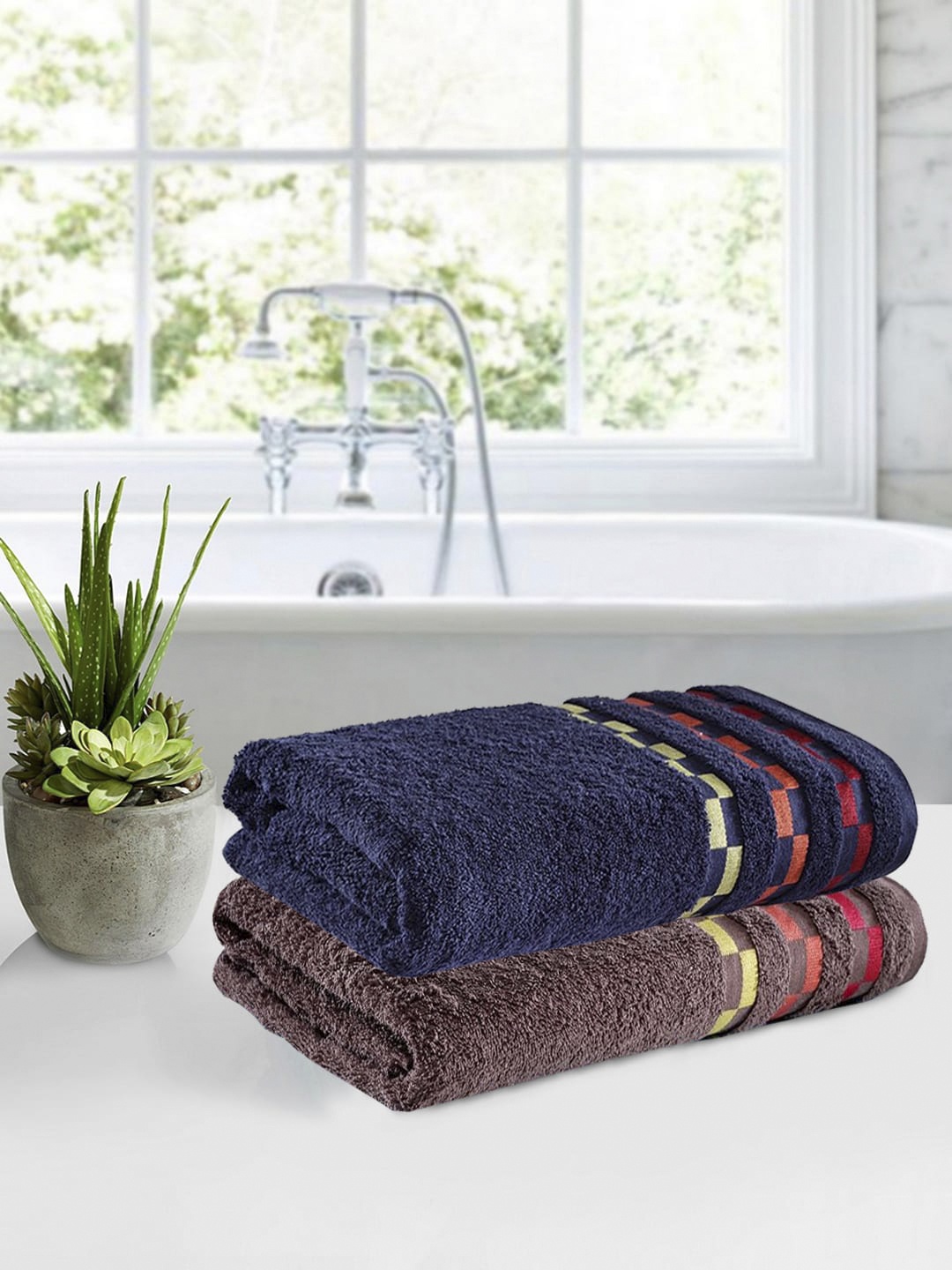 BIANCA Set of 2 Navy Blue & Brown 450 GSM Bath Towels