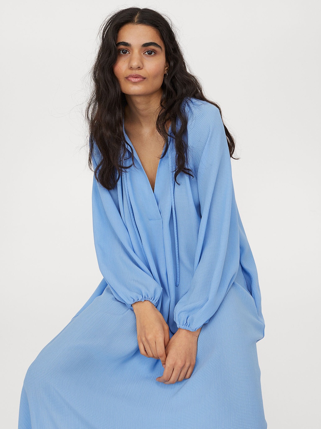 

H&M Women Blue Self Design Calf-Length Dress