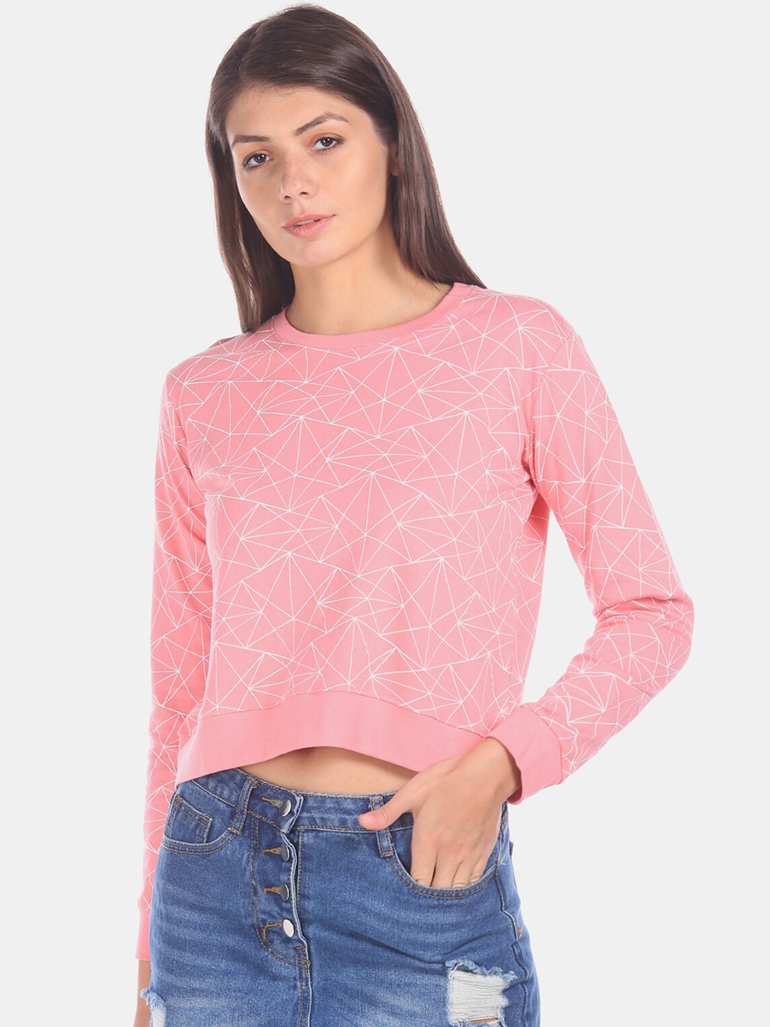 Sugr Women Pink & Off-White Printed Sweatshirt