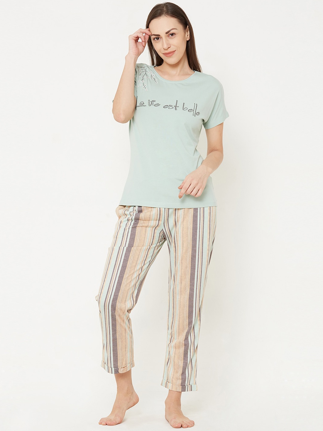 

Sweet Dreams Women Sea Green & Grey Printed Night suit