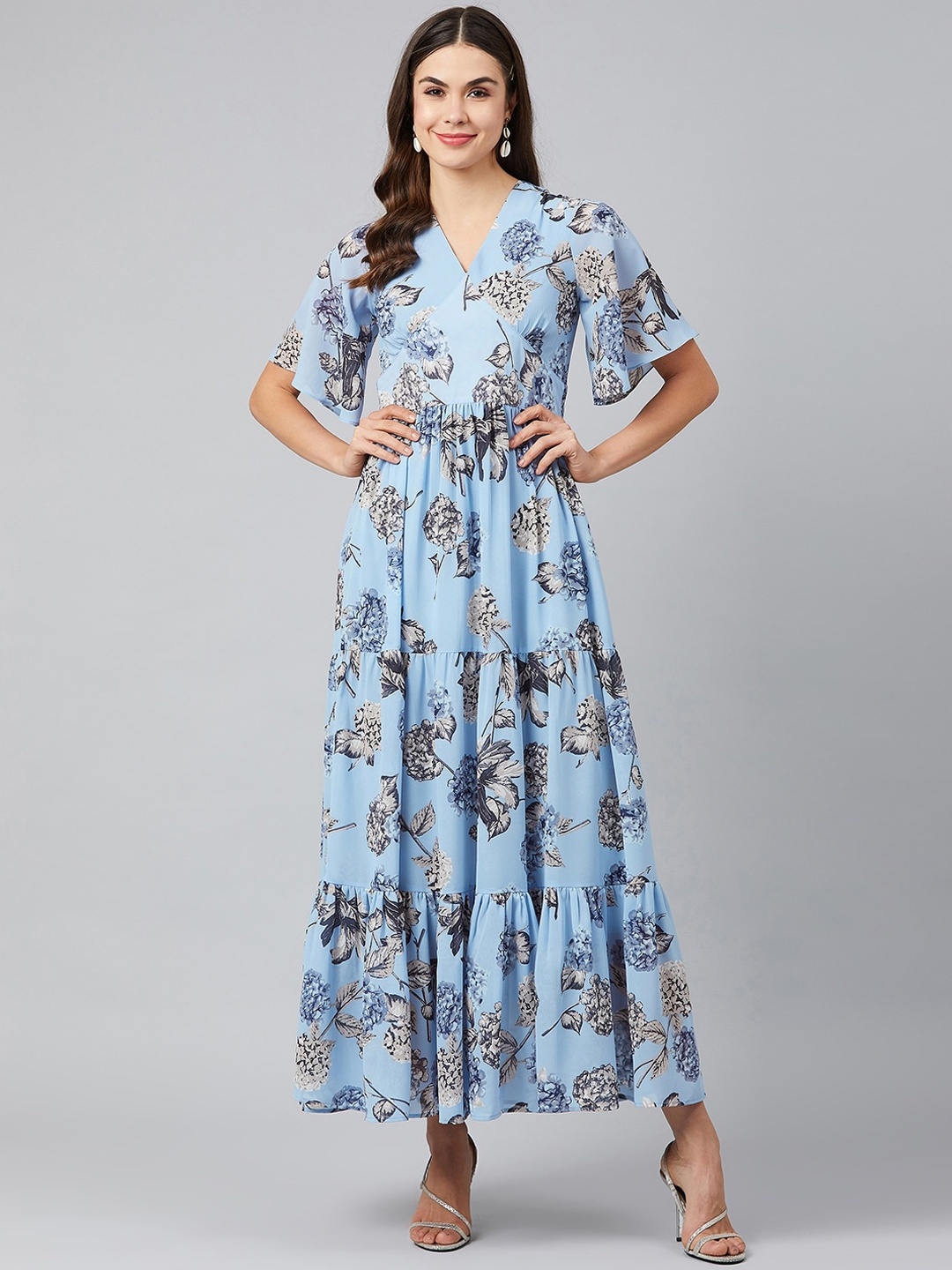 Carlton London Women Blue Printed Maxi Dress