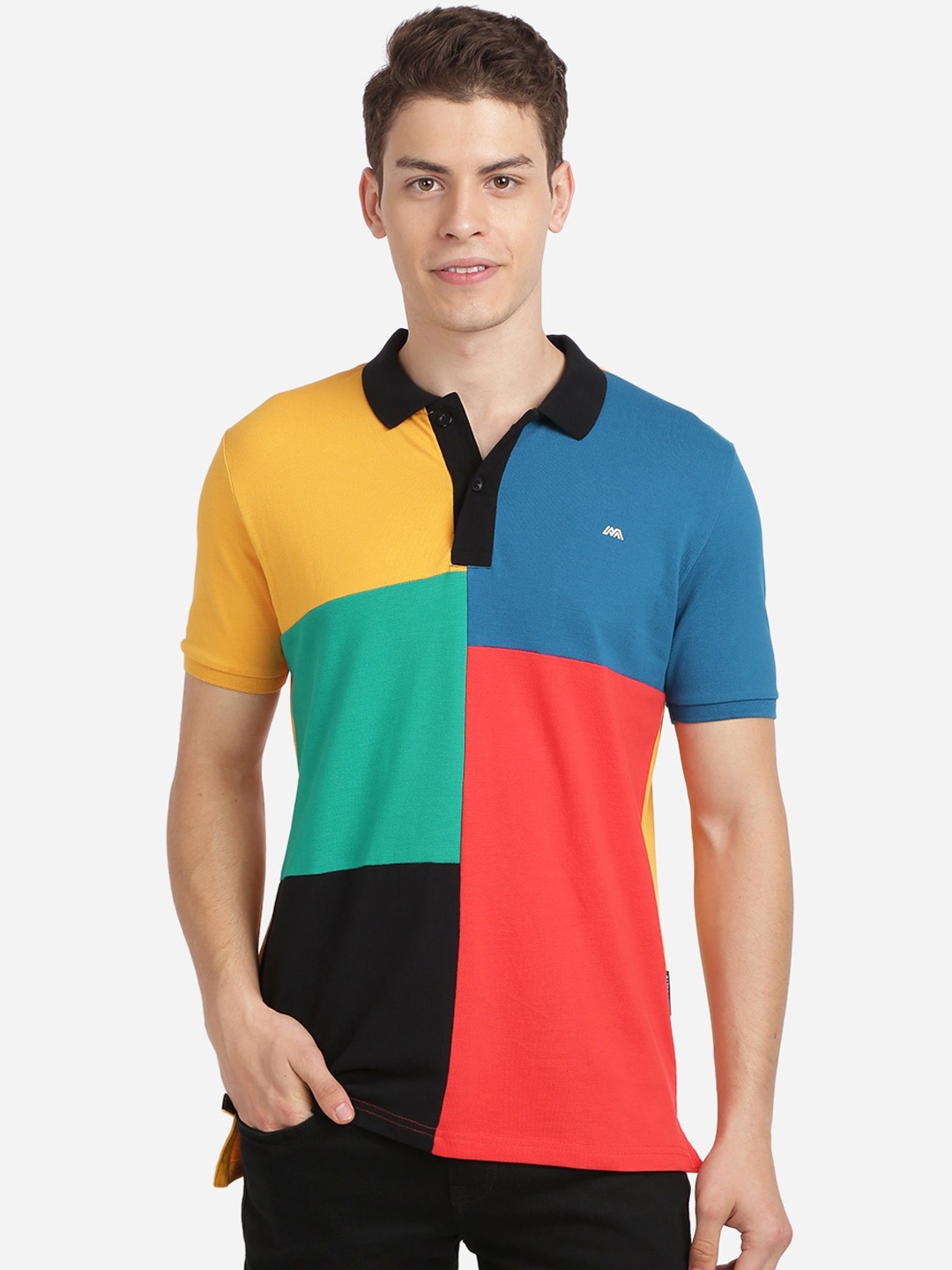 

MASH UNLIMITED Men Mustard Colourblocked Polo Collar T-shirt