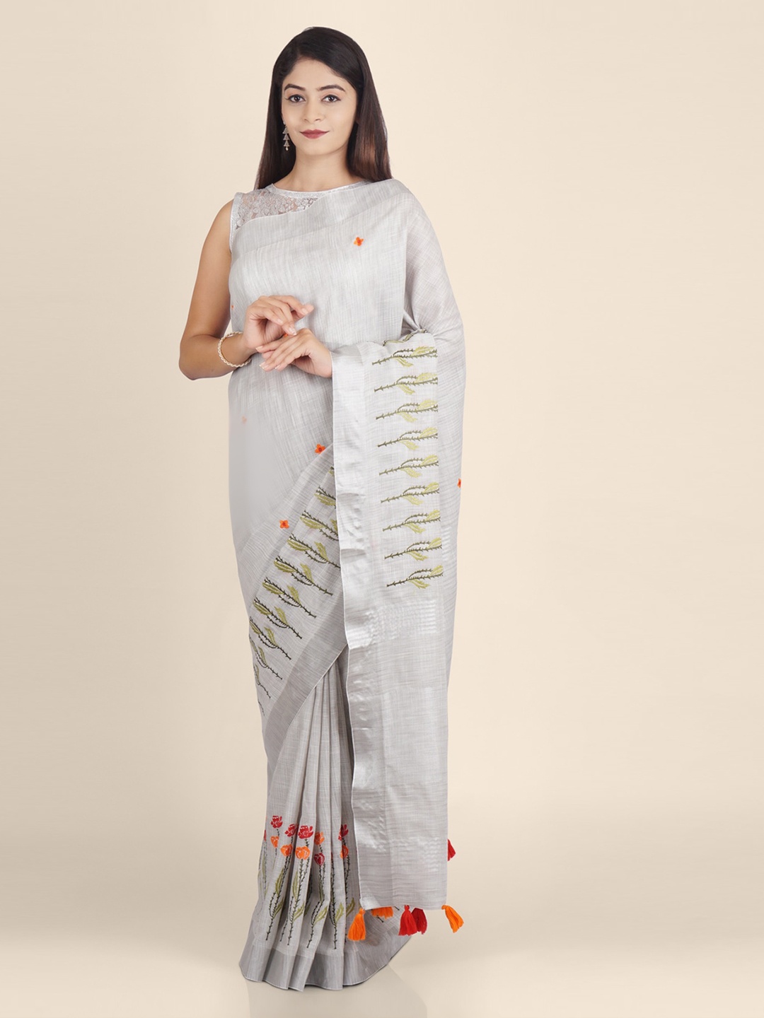 

KAJREE Grey Woven Design Pure Linen Saree