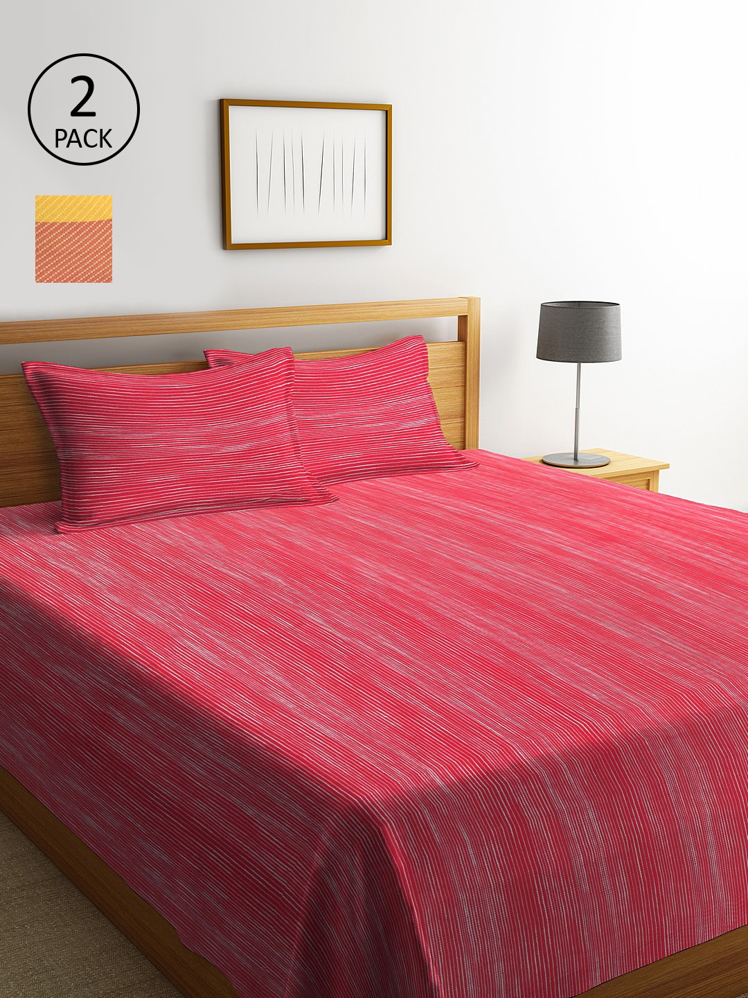 

KLOTTHE Set Of 2 Striped Double Bed Covers With 4 Pillow Covers, Red