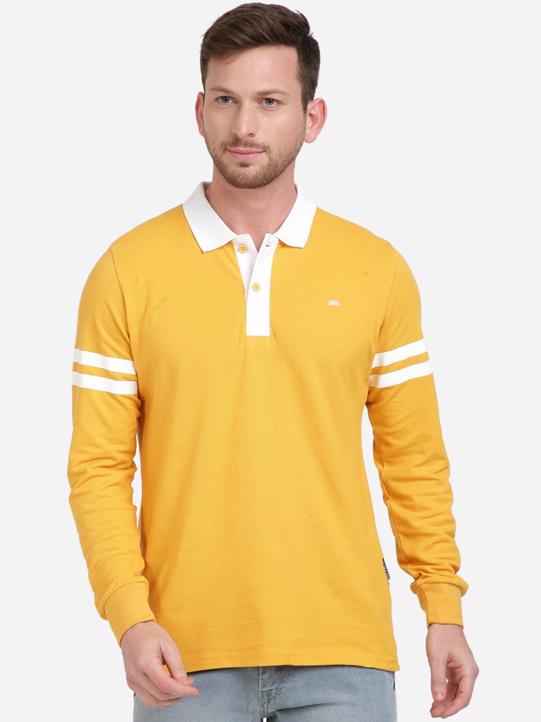 

MASH UNLIMITED Men Mustard Yellow Solid Polo Collar Slim Fit T-shirt