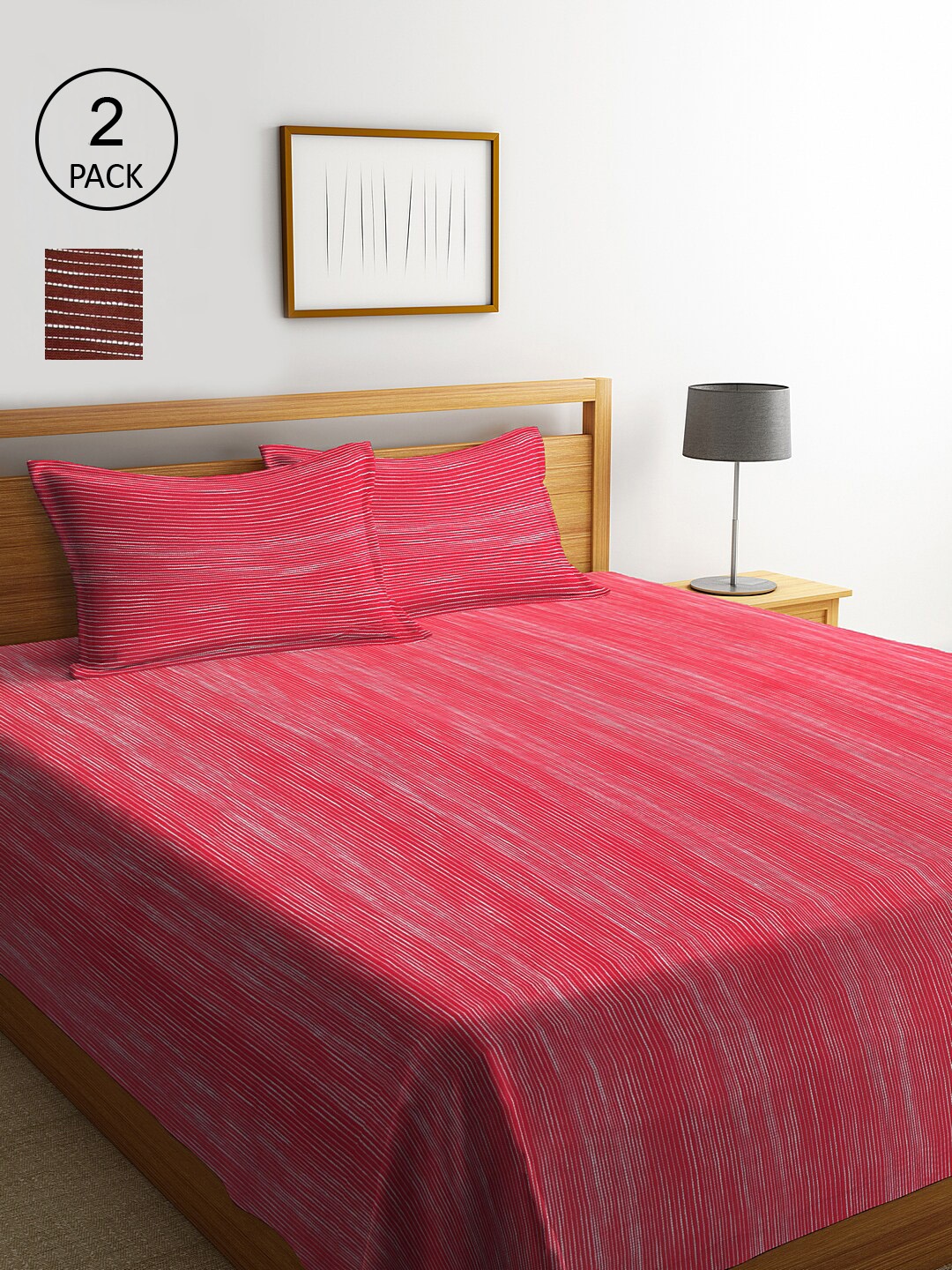 

KLOTTHE Red & Brown Set Of 2 Striped Double Bed Covers With 4 Pillow Covers