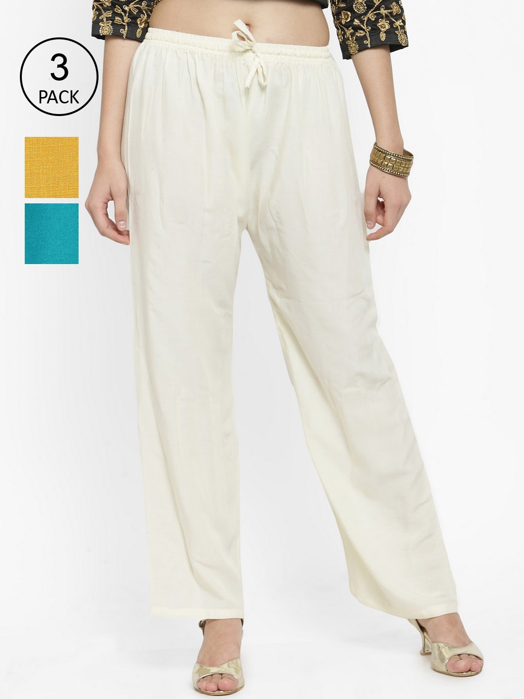 

Clora Creation Women Pack of 3 Mustard Yellow & White Solid Straight Palazzos