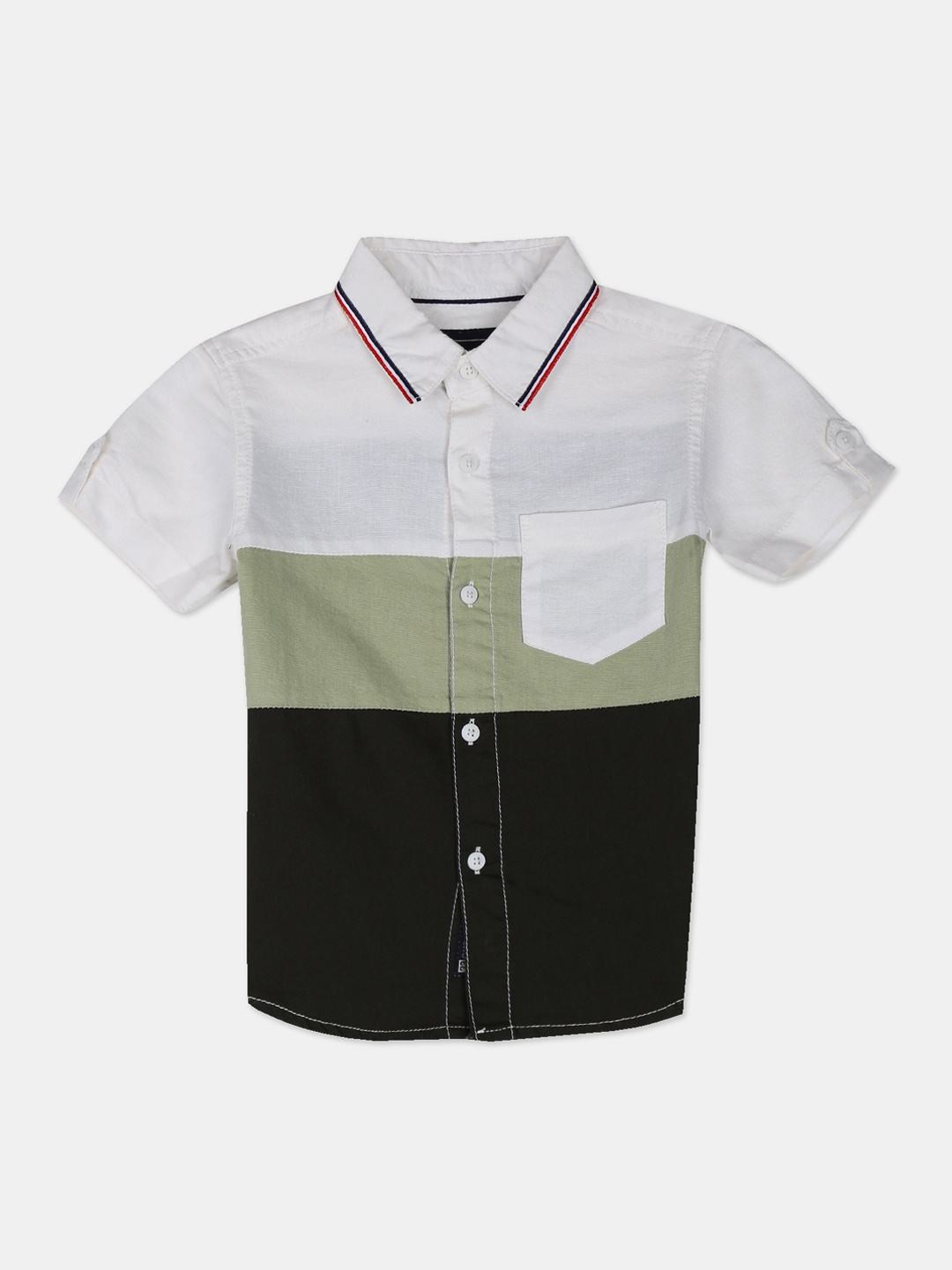 

Cherokee Boys Olive Green & White Colourblocked Regular Fit Solid Casual Shirt