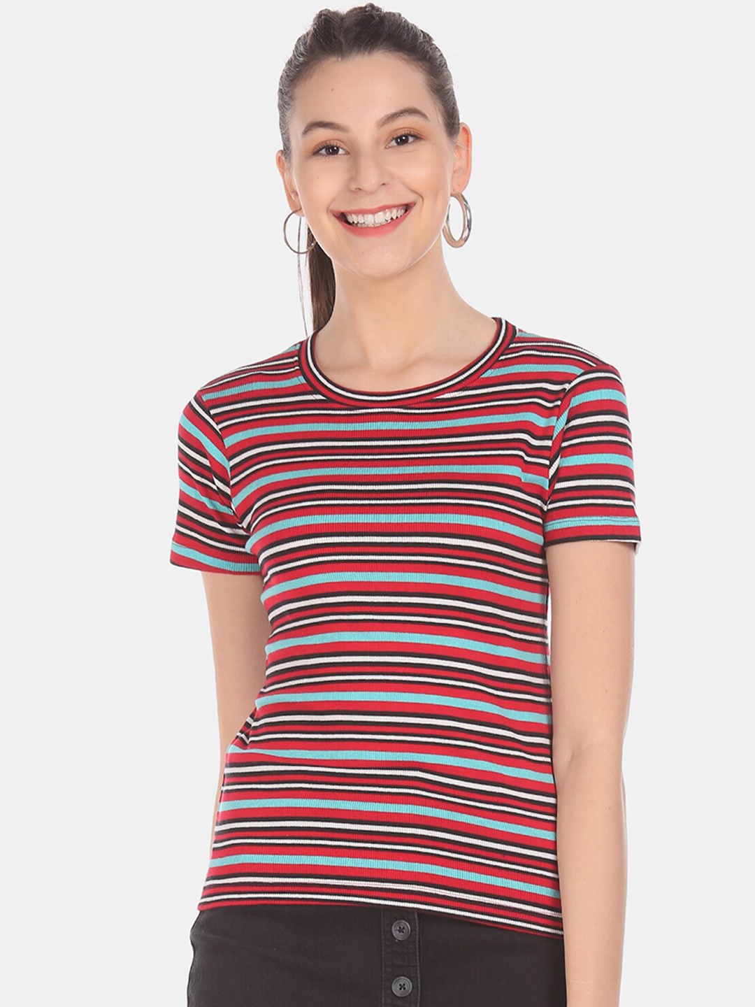 

Sugr Women Red Striped Round Neck T-shirt