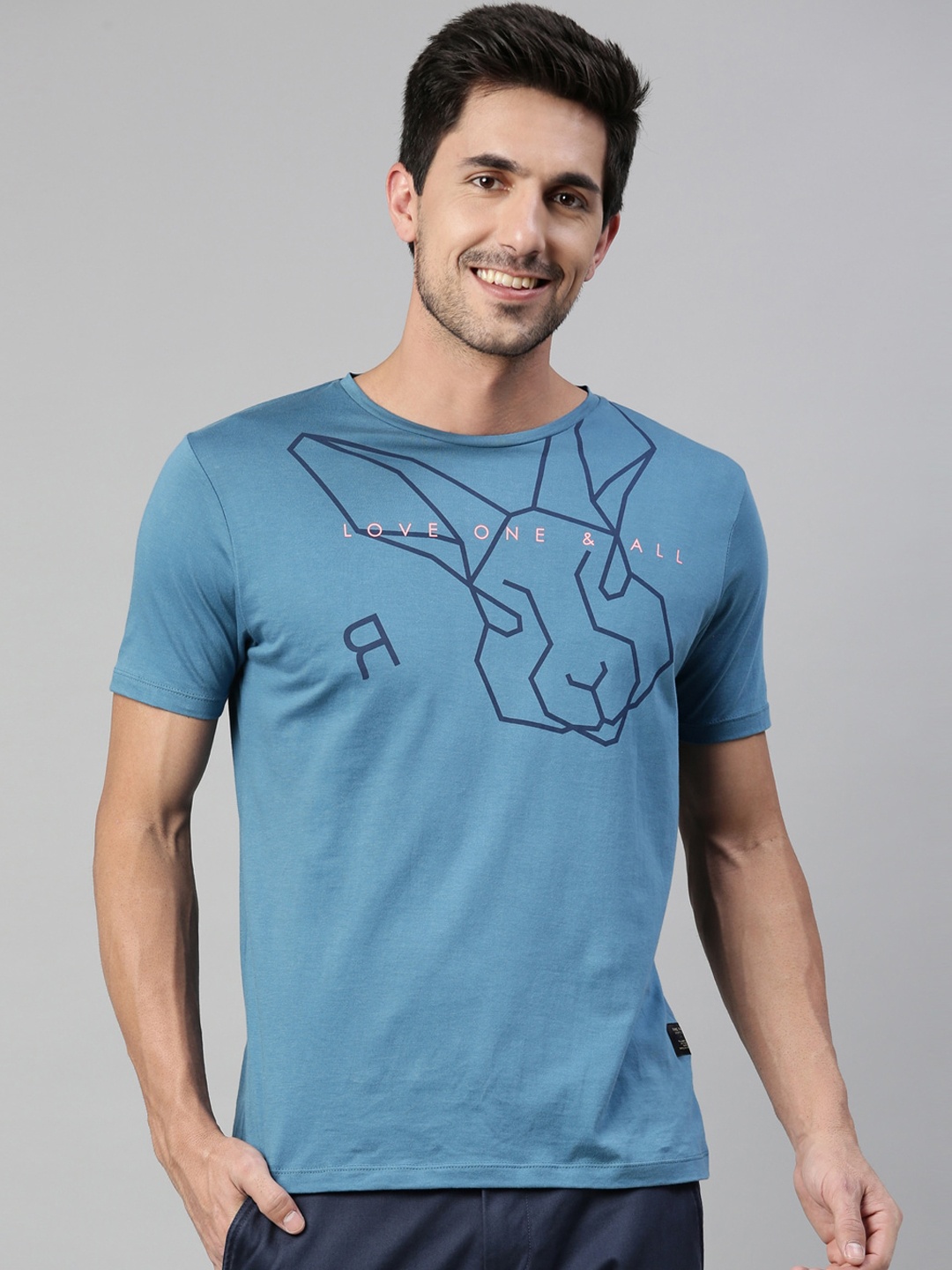 

RARE RABBIT Men Message Slim Fit Printed Round Neck T-Shirt, Blue