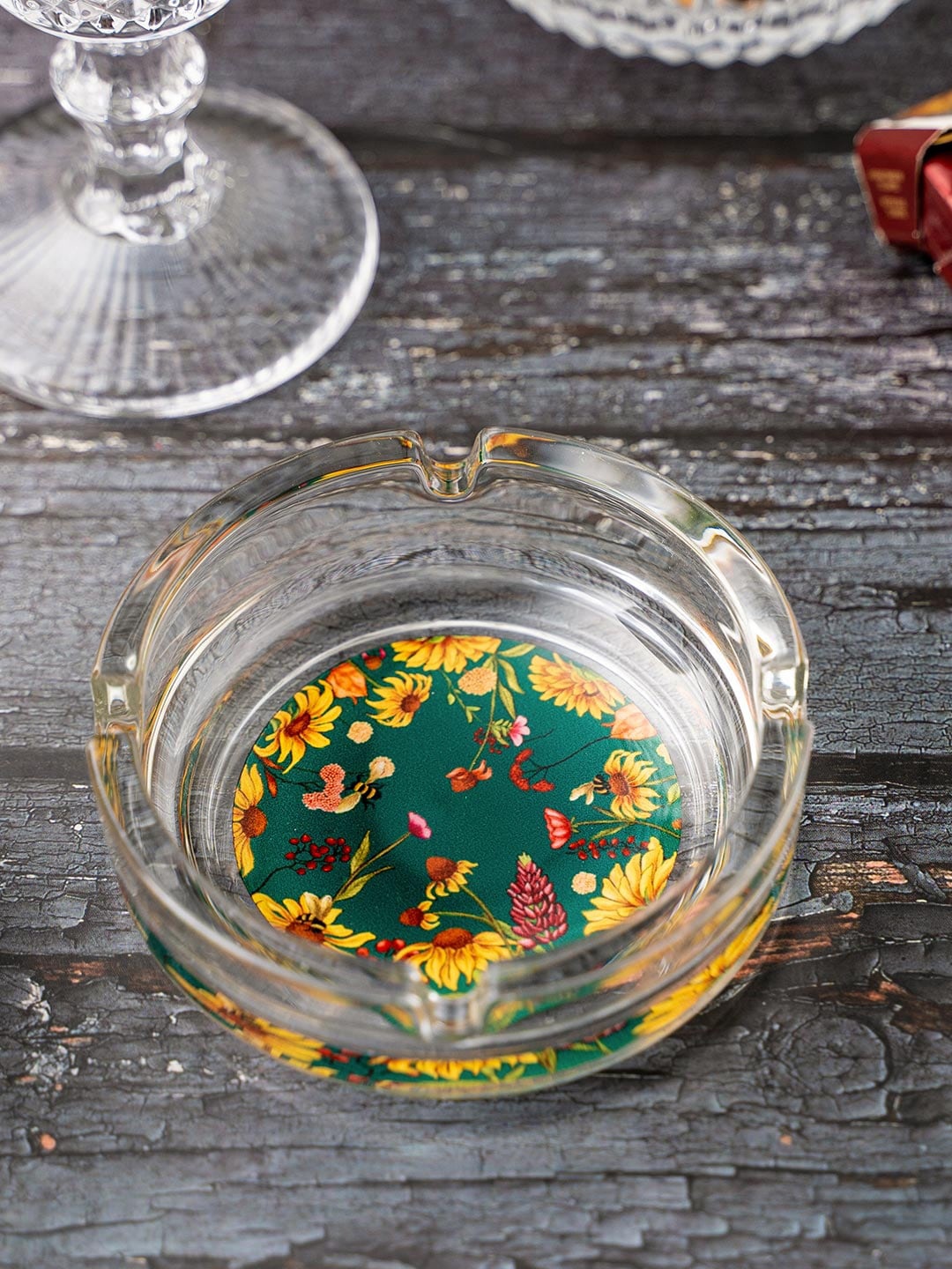 

KOLOROBIA Transparent & Green Floral Printed Bliss Glass Ashtray