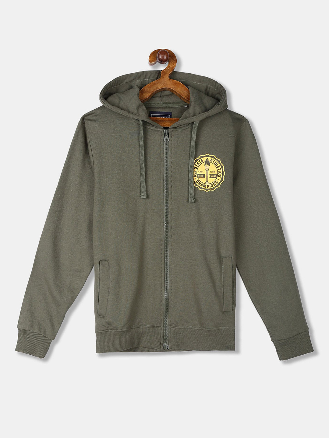 

Cherokee Boys Olive Green Solid Hooded Sweatshirt