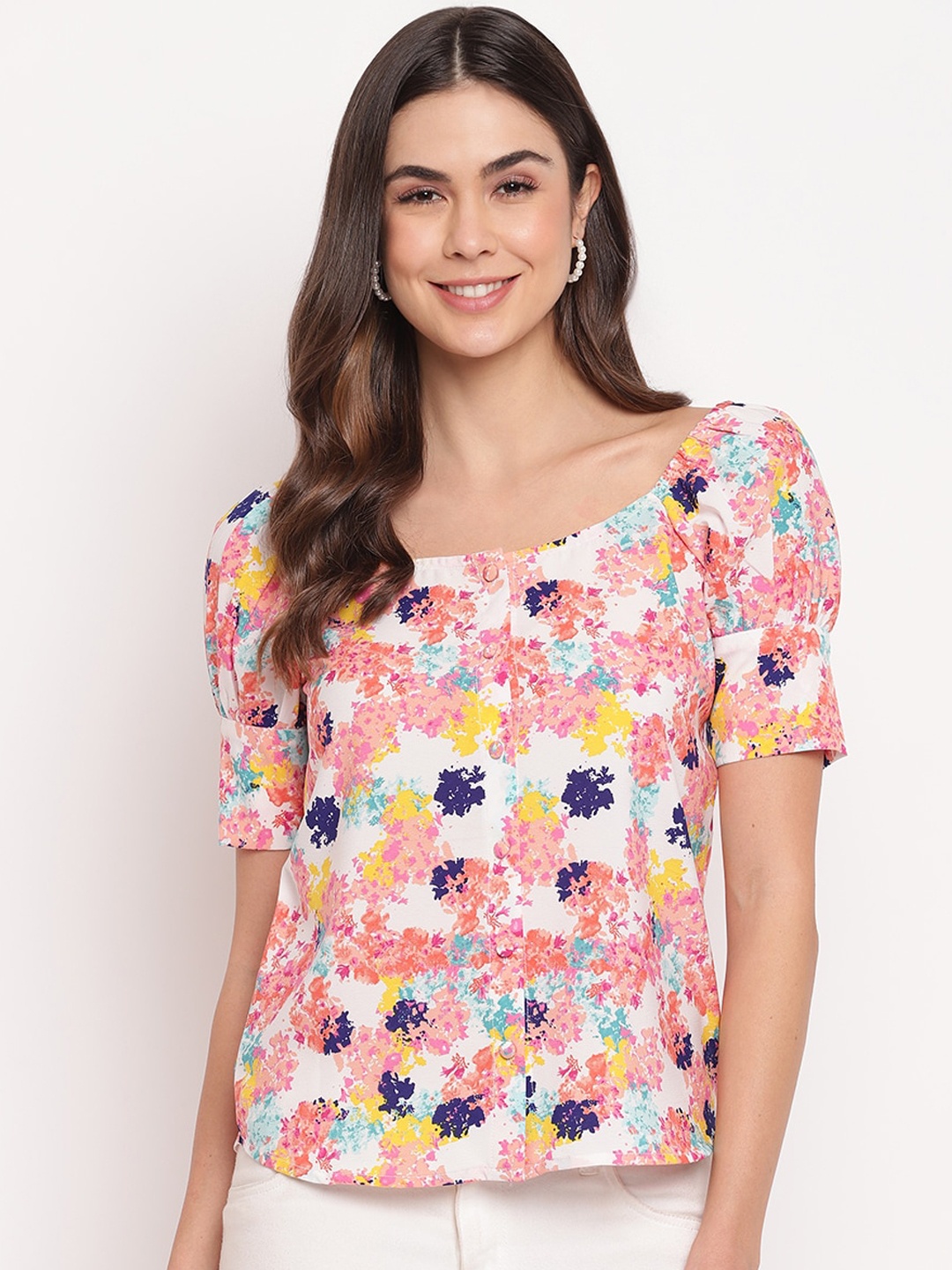 

Mayra Women Pink Floral Printed Crepe Regular Top