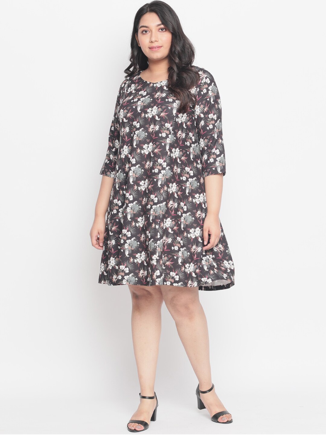 Amydus Women Plus Size Black Printed A-Line Dress