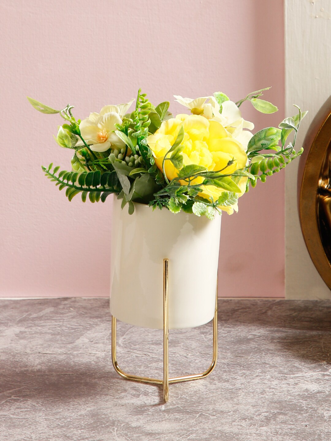 

TAYHAA White & Yellow Artificial Plant With Pot & Stand