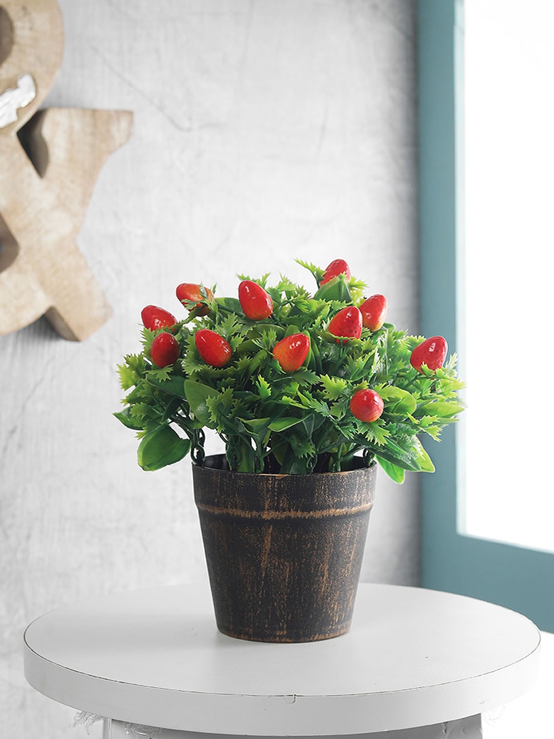 FOLIYAJ Green & Red Artificial Strawberry Plant With Pot