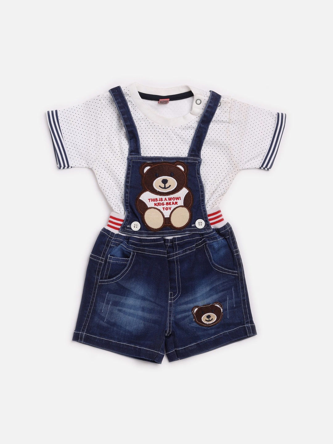 

WOW Boys White & Navy Pure Cotton Self-Design Romper with T-shirt
