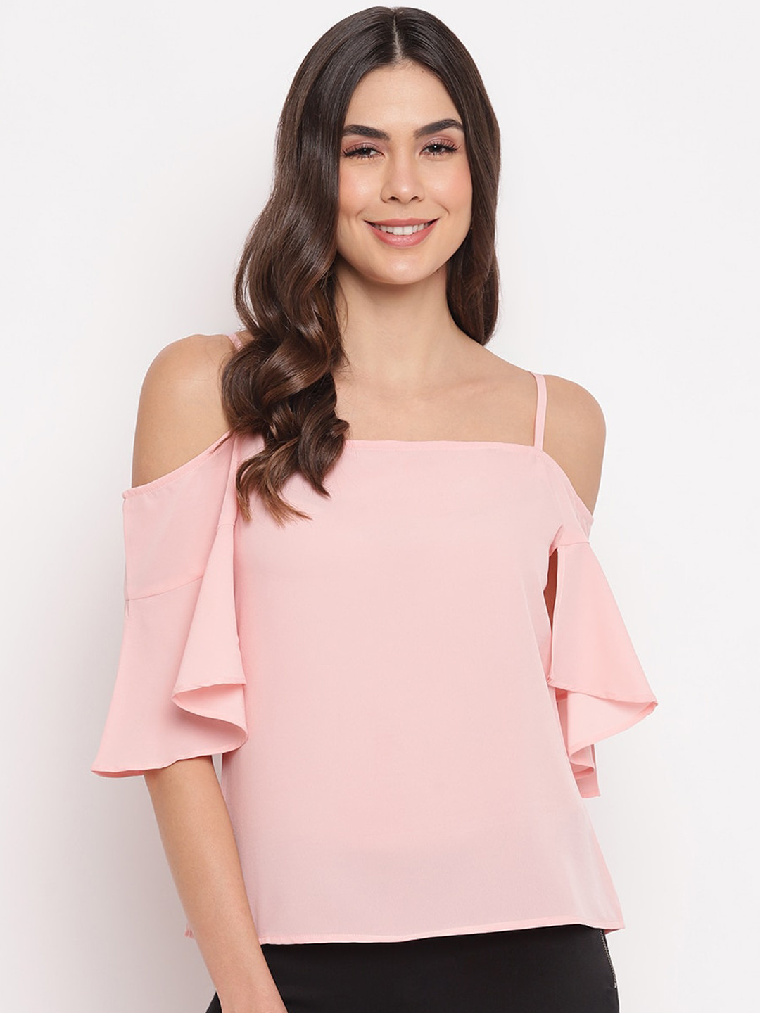 

Mayra Pink Cold-shoulder Sleeves Crepe Bardot Top