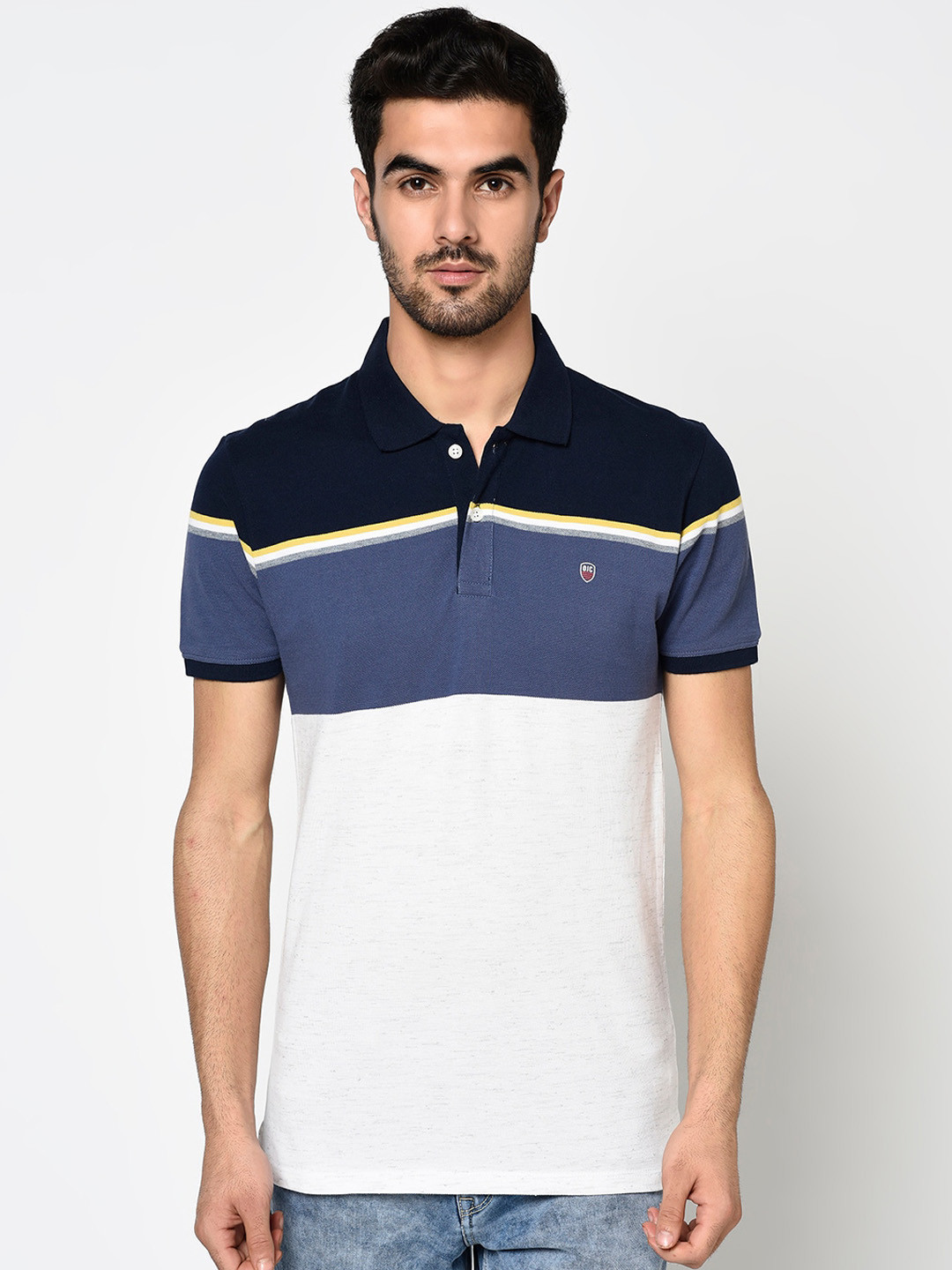 

Octave Men White & Blue Colourblocked Polo Collar T-shirt
