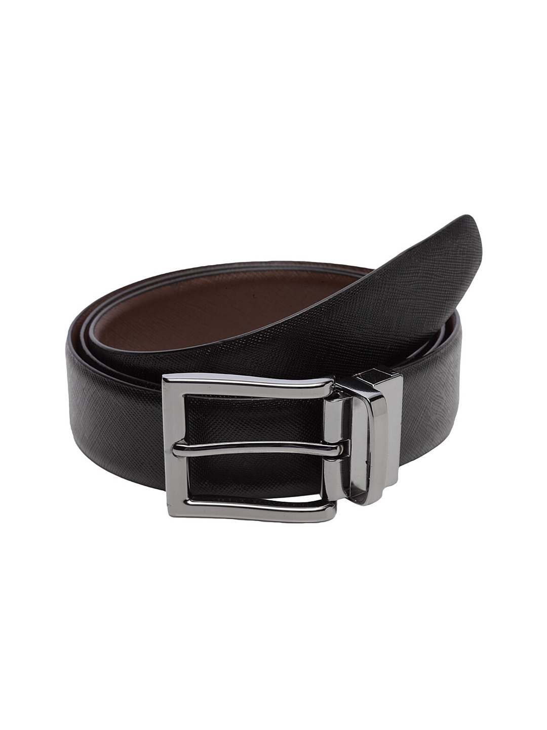 

WELBAWT Men Black & Brown Textured Leather Slim Reversible Belt