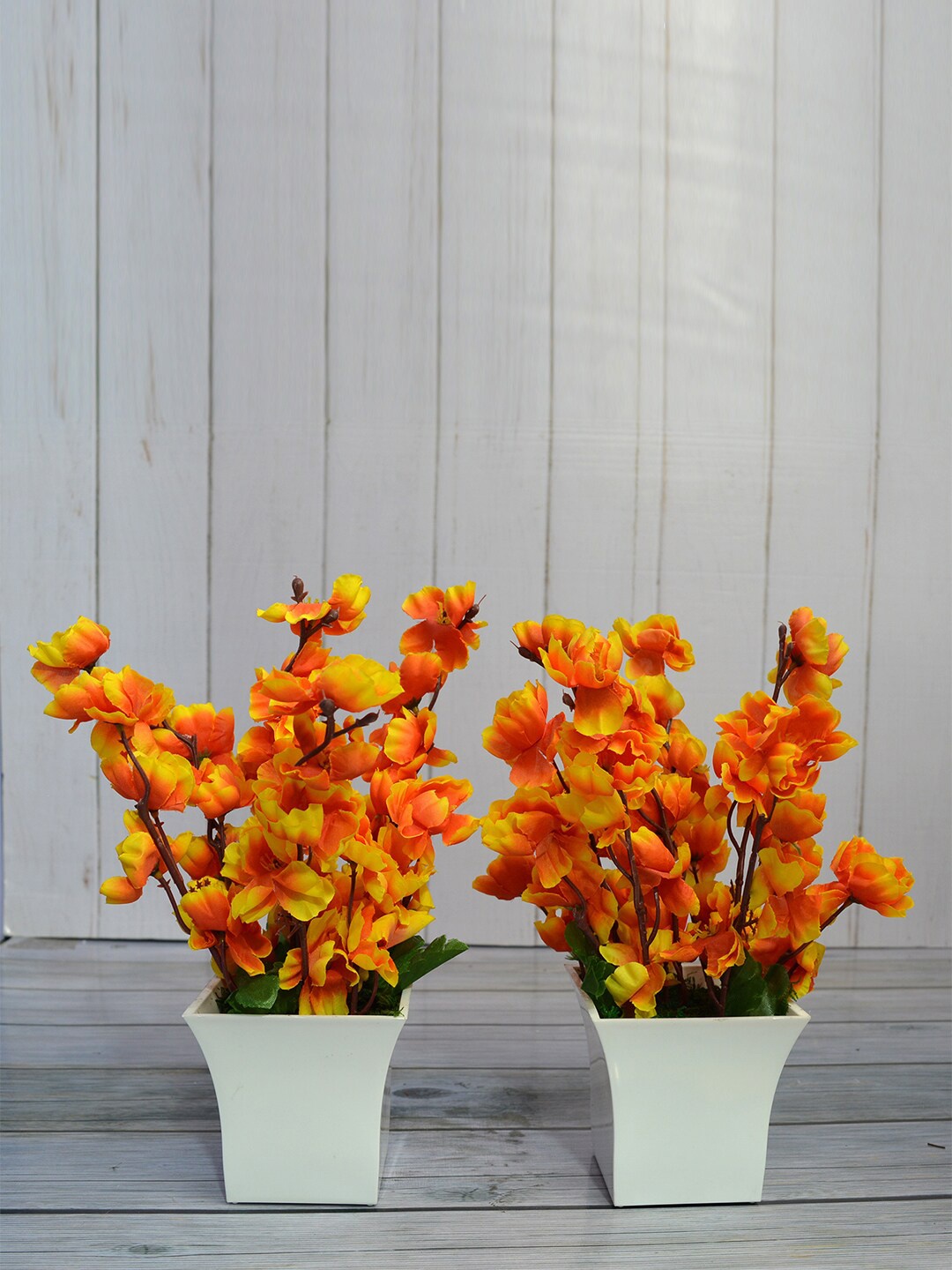 fancy mart Set of 2 Orange Artificial Flower Blossom in White Ruby Pot