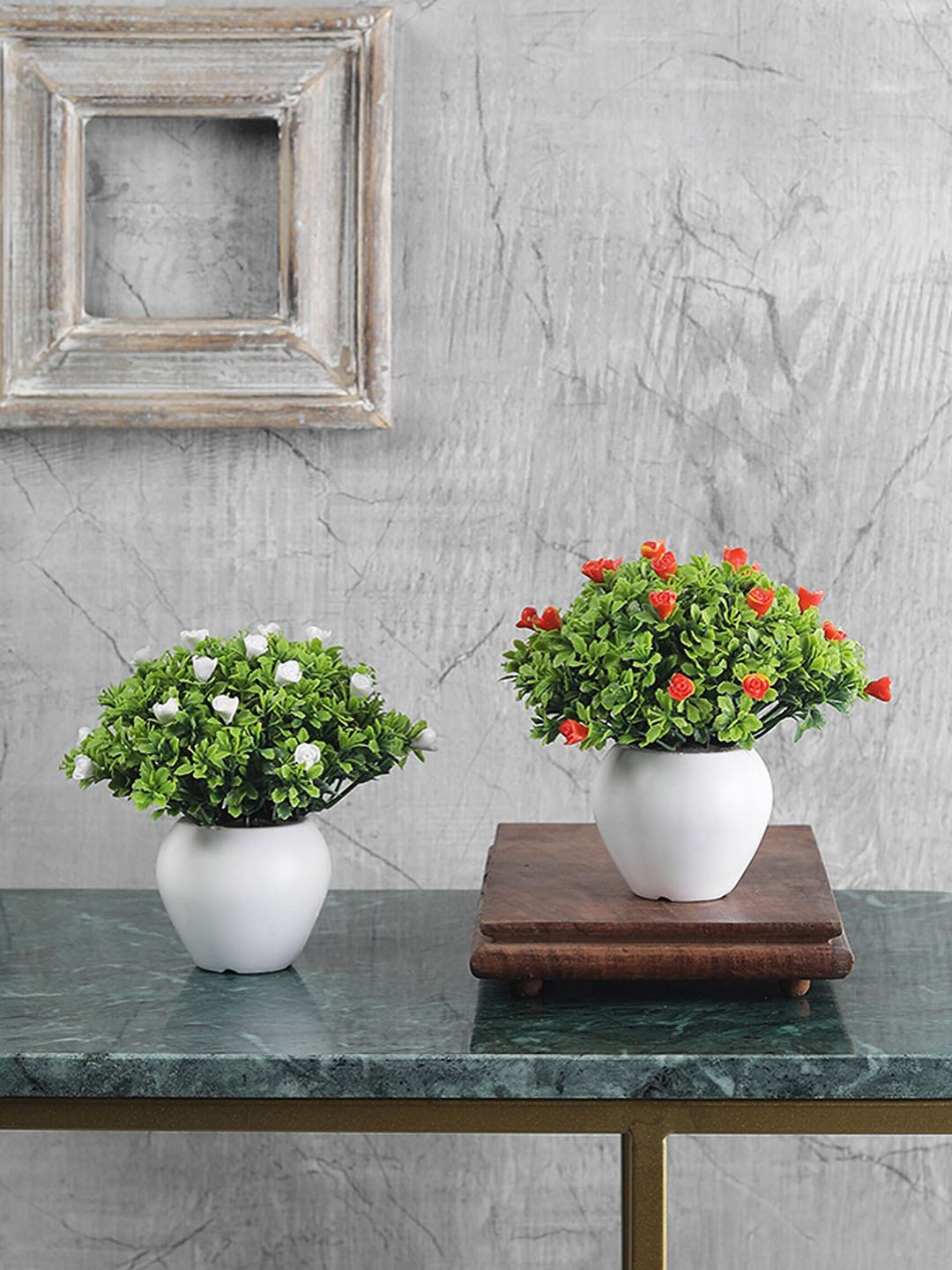 

FOLIYAJ Set Of 2 Green & Orange Artificial Mini Bush With White Pots