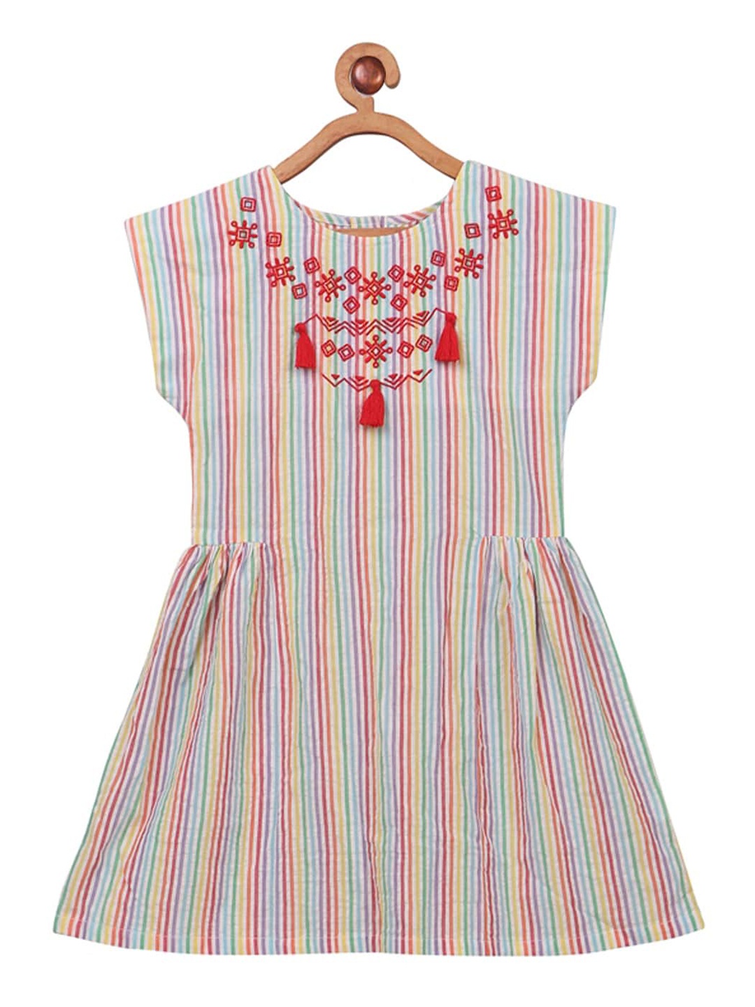 

Miyo Girls Multicoloured Striped Fit and Flare Dress, Multi