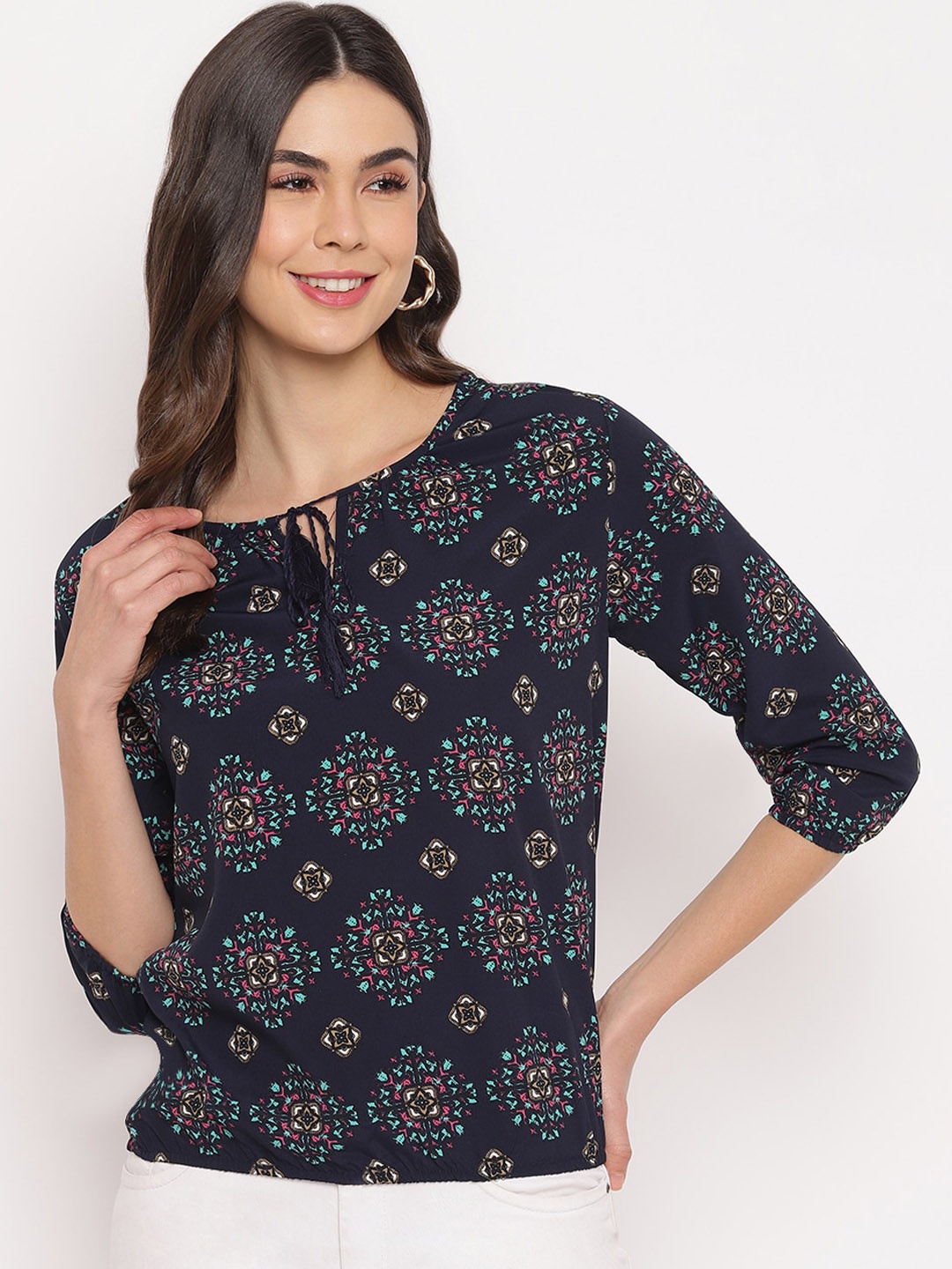

Mayra Blue Printed Crepe Blouson Top