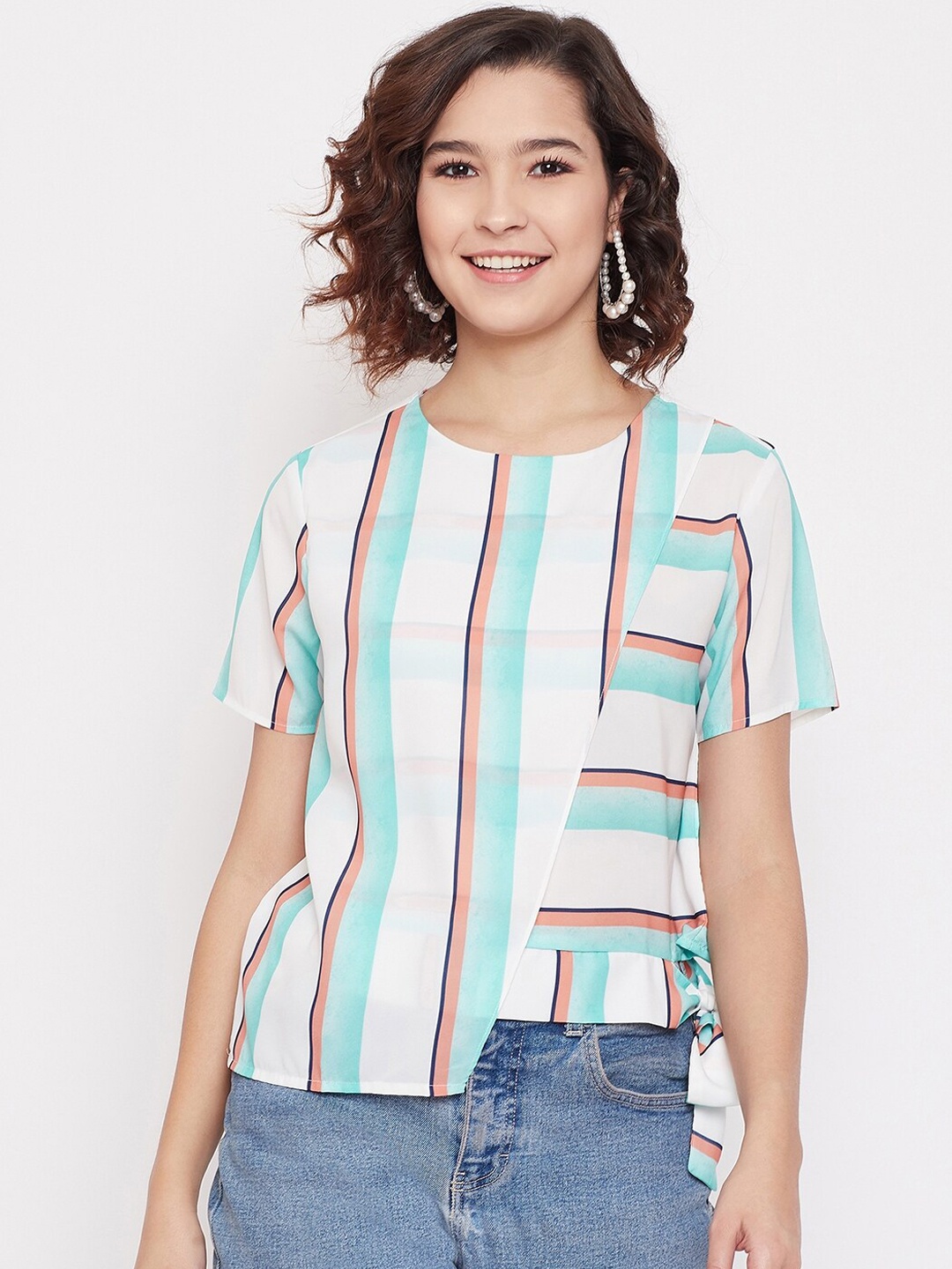 

Madame Women Sea Green & White Striped Top