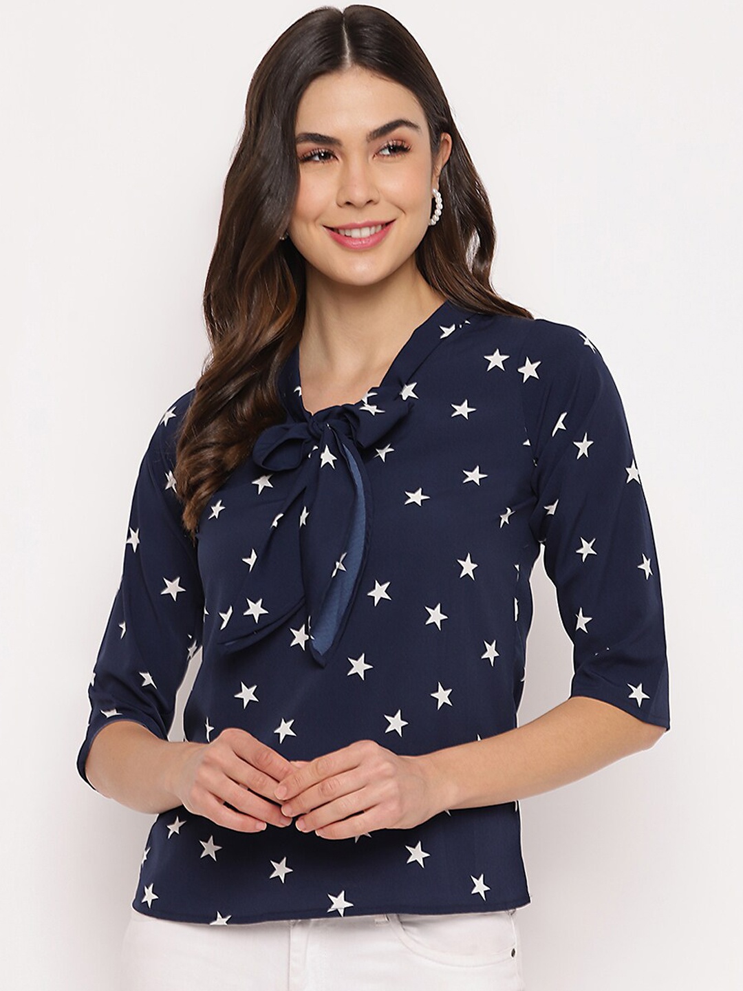 

Mayra Navy Blue & White Printed Tie Up Neck Regular Top