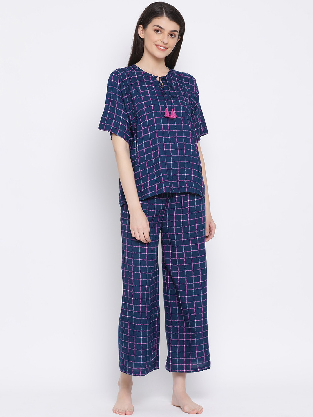 

Clovia Women Navy Blue Checked Night Suit