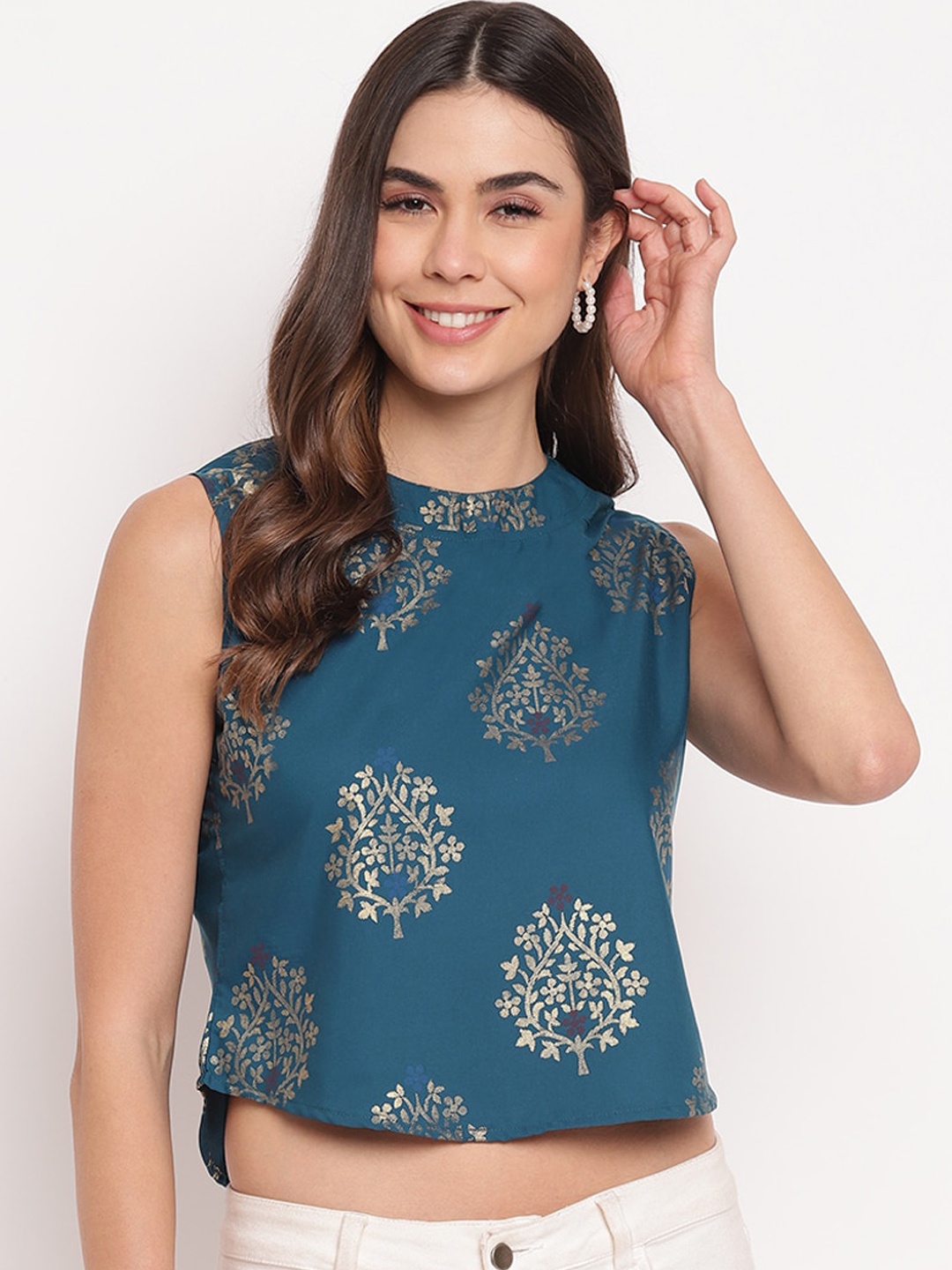 

Mayra Teal Blue Printed Crop Top