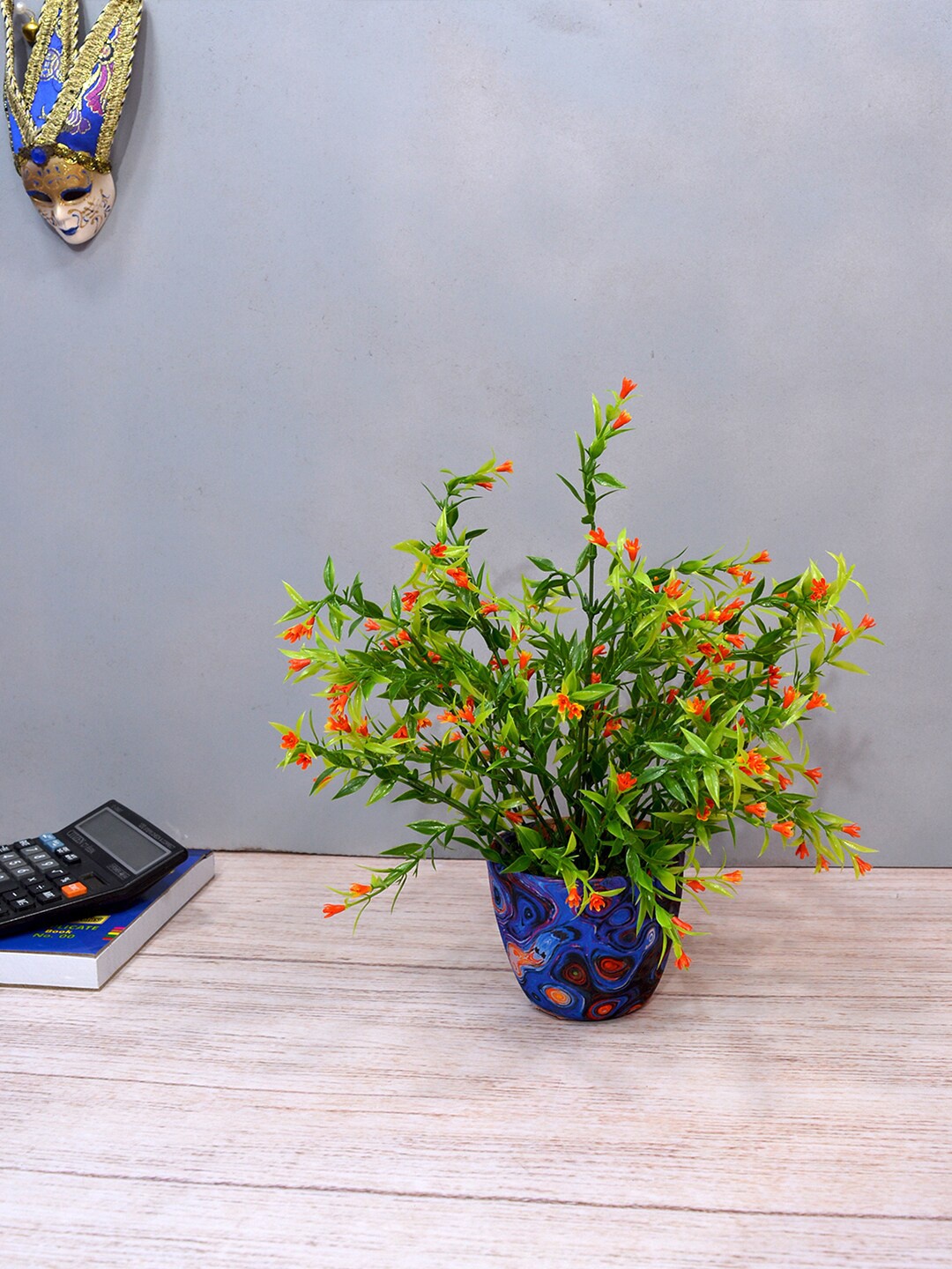 

fancy mart Green & Orange Artificial Grass Flower With Pot