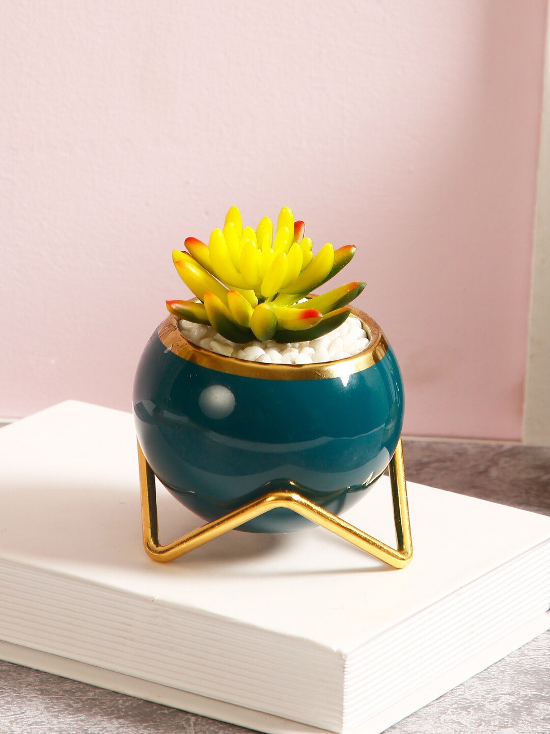 

TAYHAA Green & Yellow Artificial Succulant Plant With Pot & Stand