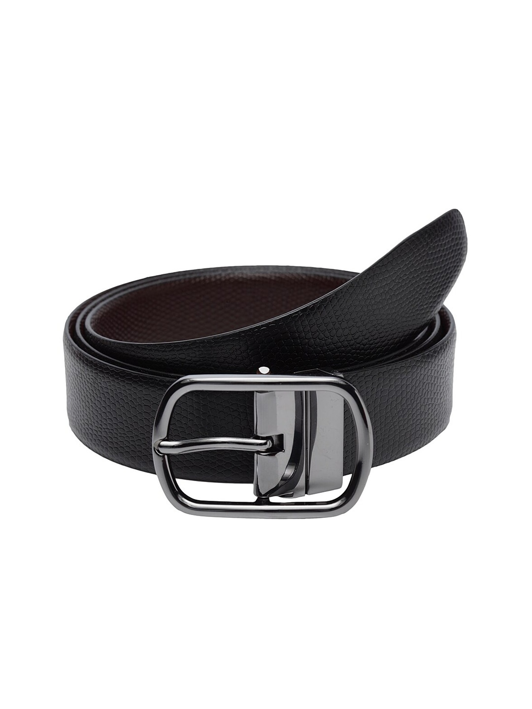 

WELBAWT Men Black & Brown Textured Leather Slim Reversible Belt