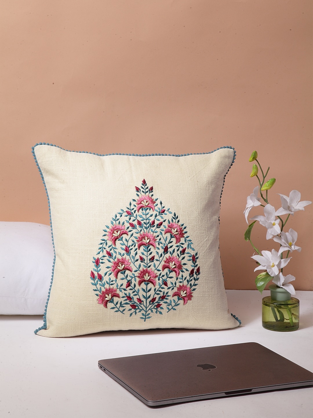 BLANC9 Off-White & Pink Set of Single Embroidered Square Cushion Covers