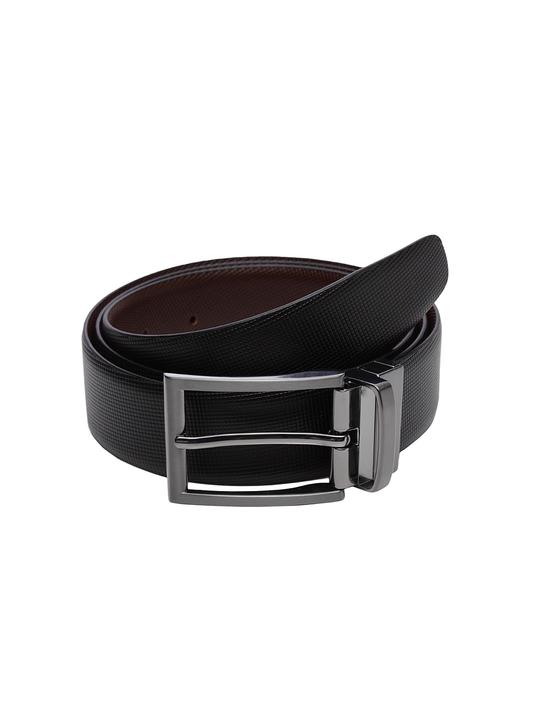 WELBAWT Men Black & Brown Textured Leather Slim Reversible Belt