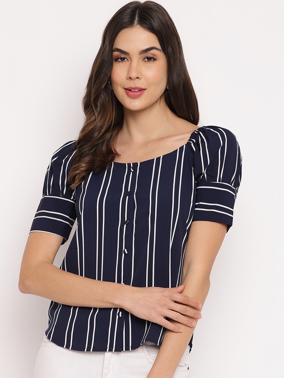 

Mayra Women Blue & Off White Striped Puff Sleeves Crepe Shirt Style Top