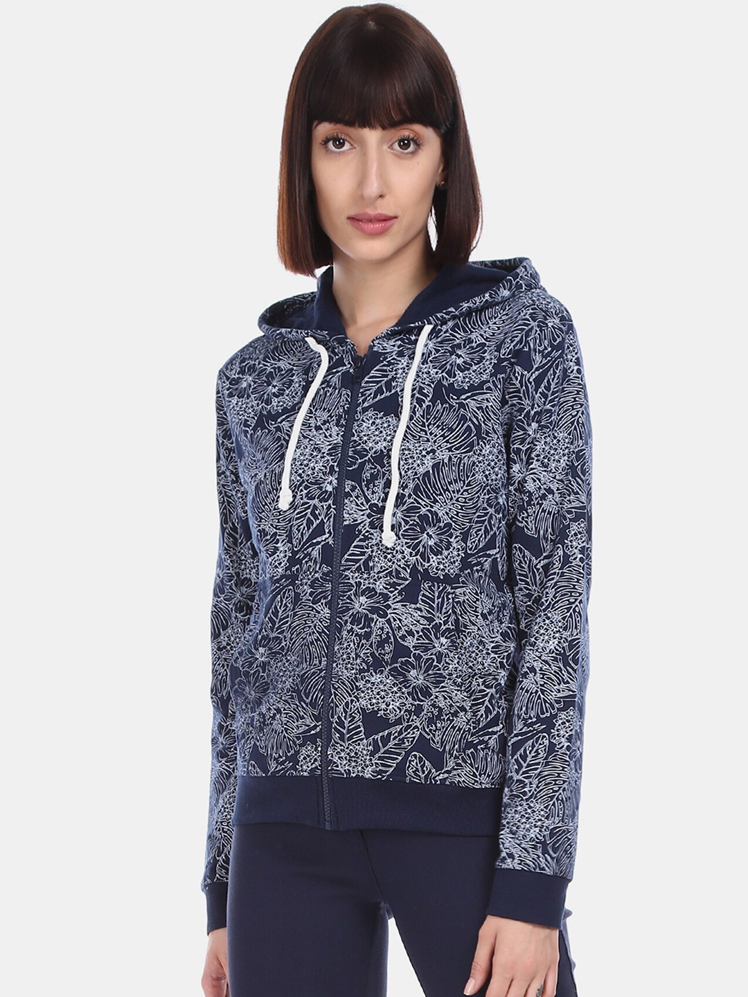 

Sugr Women Navy Blue & White Printed Hooded Sweatshirt