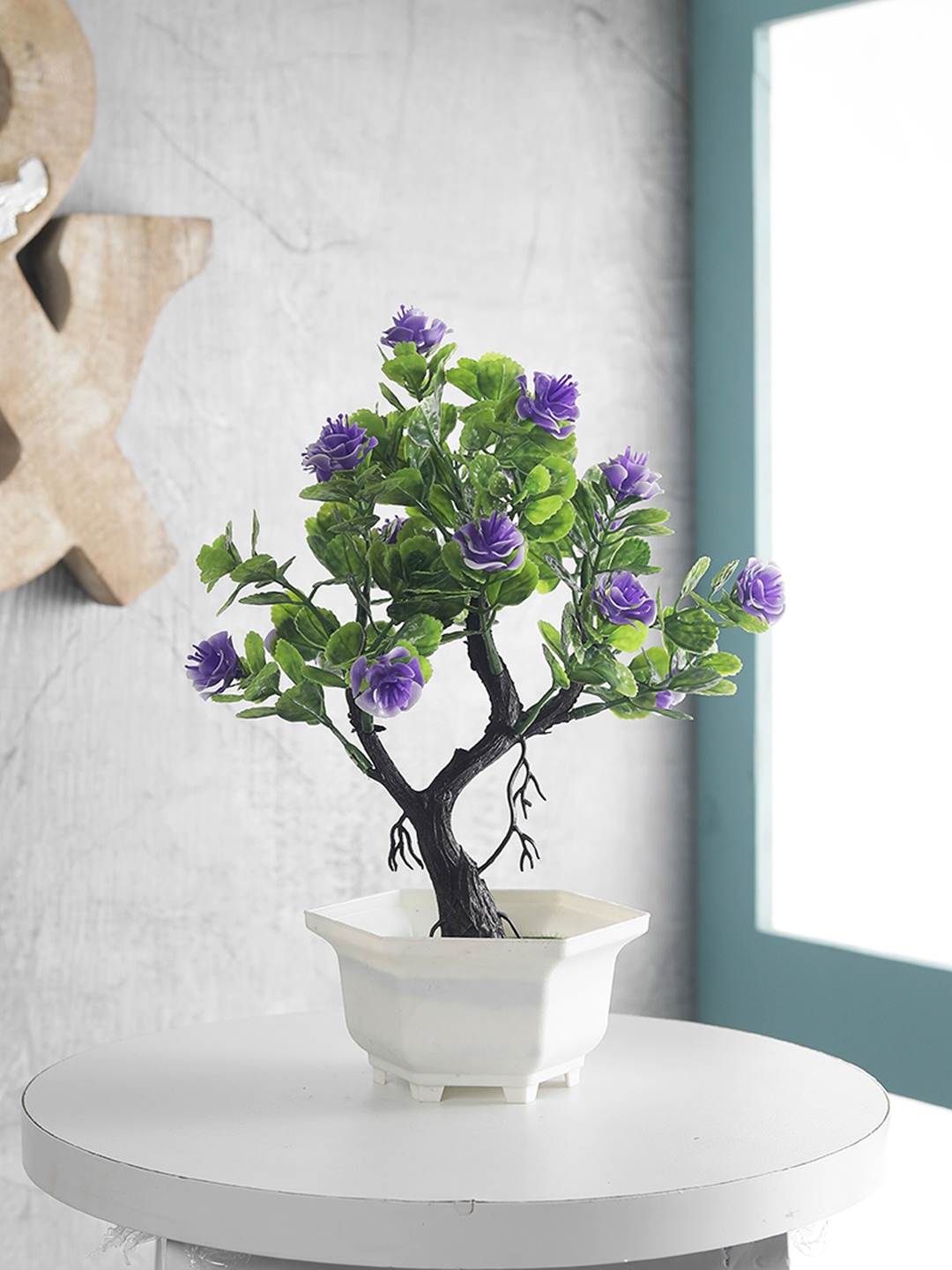 

FOLIYAJ Green & Purple Artificial Y Shaped Bonsai Tree With White Pot