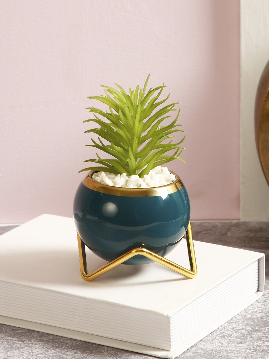 

TAYHAA Green & Blue Artificial Plant With Ceramic Pot & Iron Stand