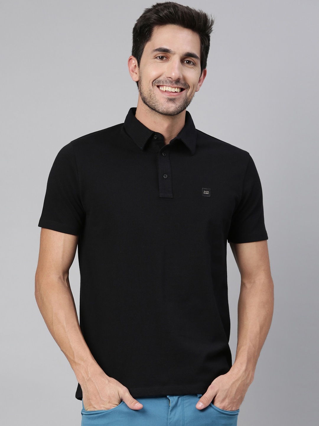 

RARE RABBIT Men Black Solid Polo Collar T-shirt