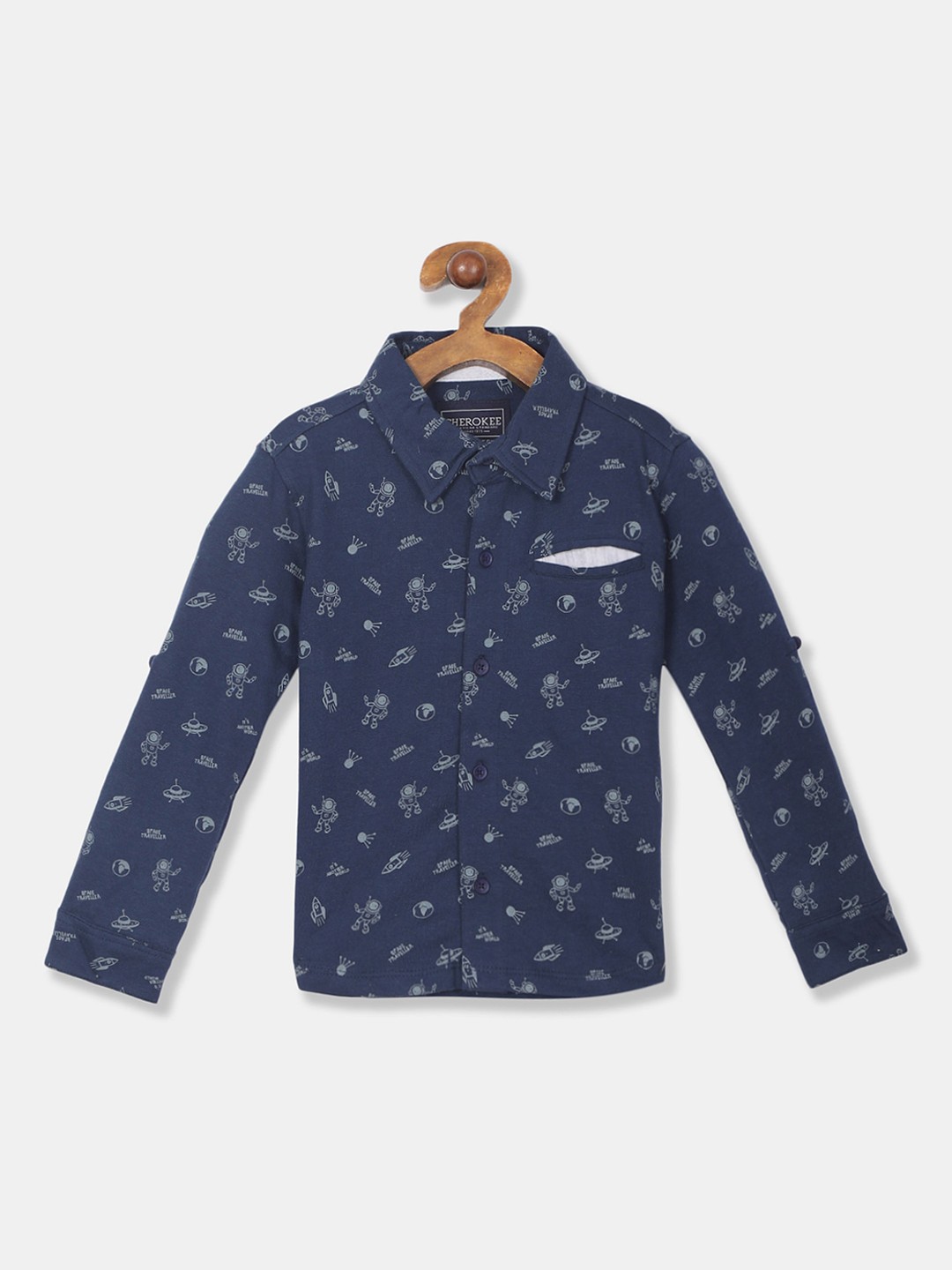

Cherokee Boys Navy Blue Regular Fit Printed Cotton Casual Shirt