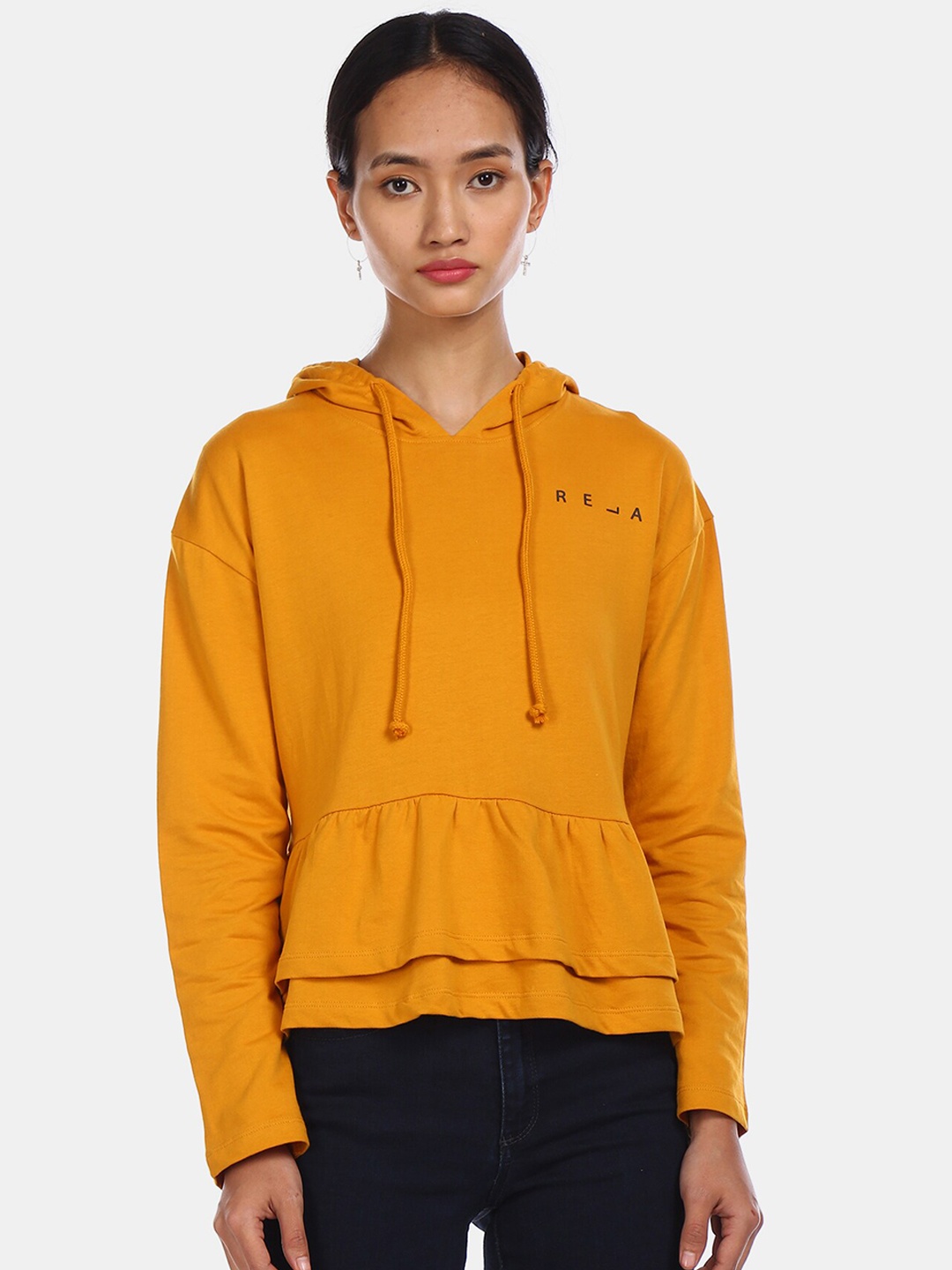 

Sugr Women Mustard Solid Hooded Sweatshirt
